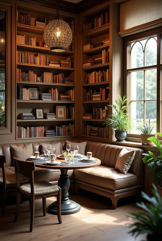 Small cozzy restaurant with book selves in corner and small flourish in near