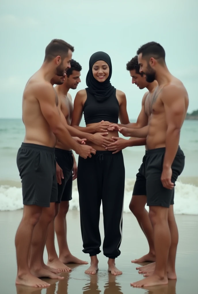 with black headscarf, black sweatpants, Barefoot woman, six tall naked men on the beach touching her below the waist from the front