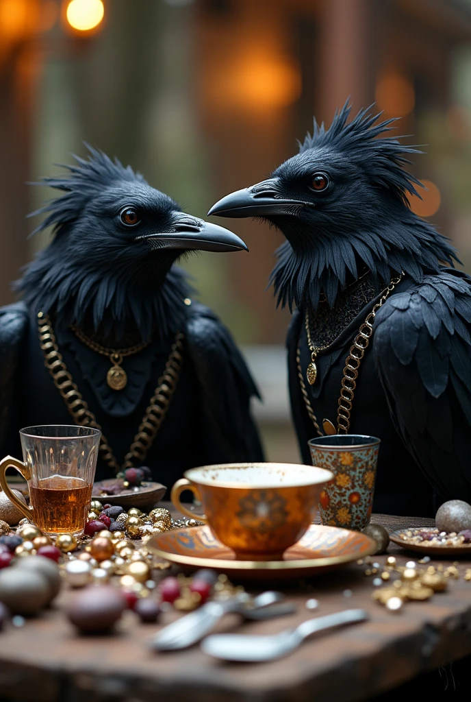  crows and ravens dressed like people at A really wild and crazy masquerade tea party adorned with copious amounts of shining jewlery and lots of trinkets piled on the table, Gothic, laughter, party, raven, feathers, black,  revelry, dancing, large gathering, anthropomorphic