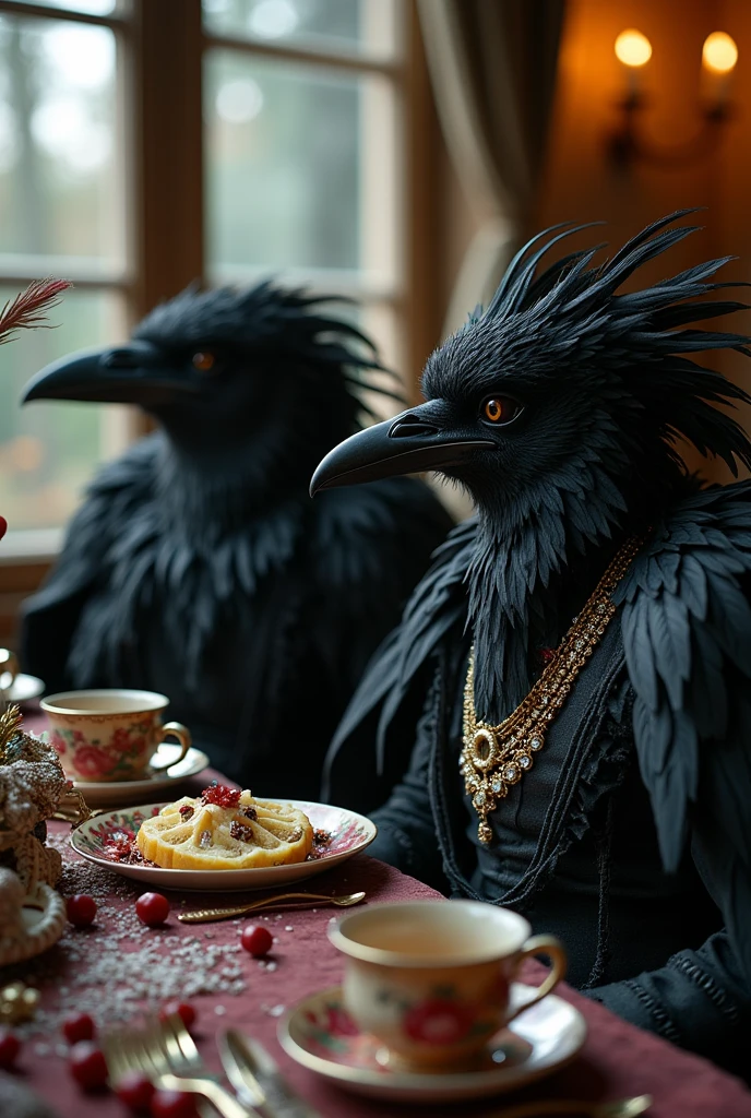 crows and ravens dressed like people at A really wild and crazy masquerade tea adorned with copious amounts of shining jewlery and lots of trinkets piled on the table, Gothic, laughter, partyen, feathers, black, revelry, dancing, large gathering, anthropomorphic
