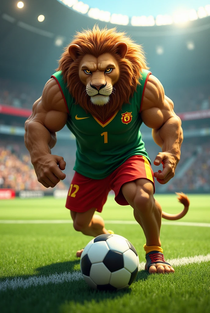 Create a muscular lion playing soccer. The lion should have a strong, athletic appearance, with well-defined muscles. He must be wearing a football uniform in green, red and yellow. The pose must be standing forward with the ball at the foot. The background should be a detailed football field, with an intense game atmosphere
