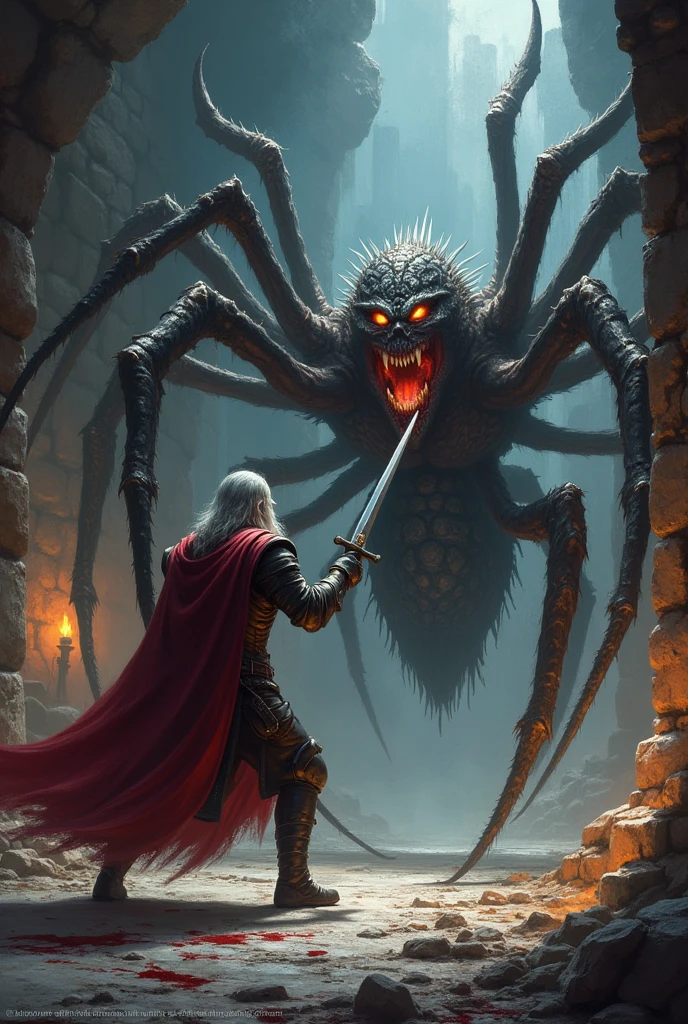A king fighting a half spider queen and being brutally killed but in his last breath he killed with his sword