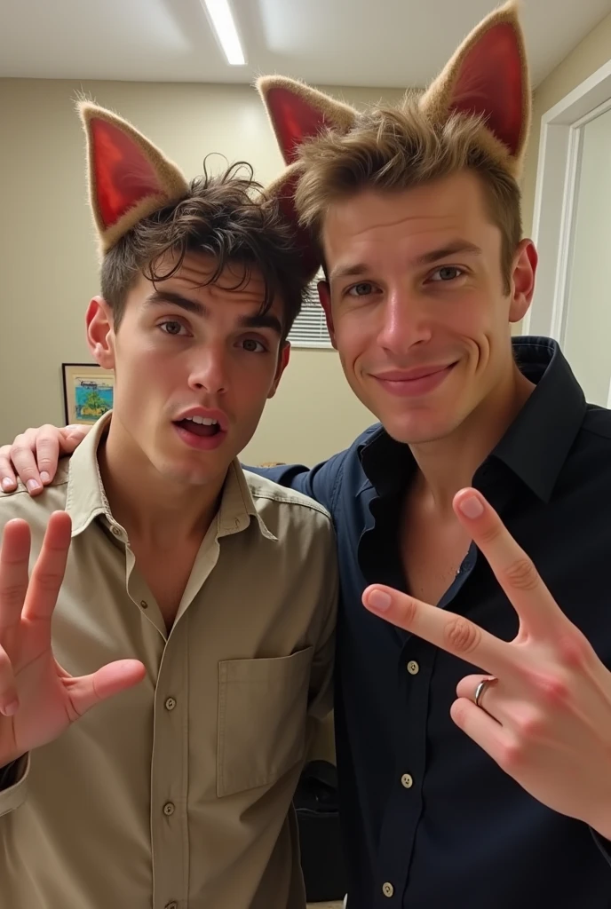 Looked like they were posing for a selfie the first Tom made sexy face as he pose the second twin tom simply makes a peace sign