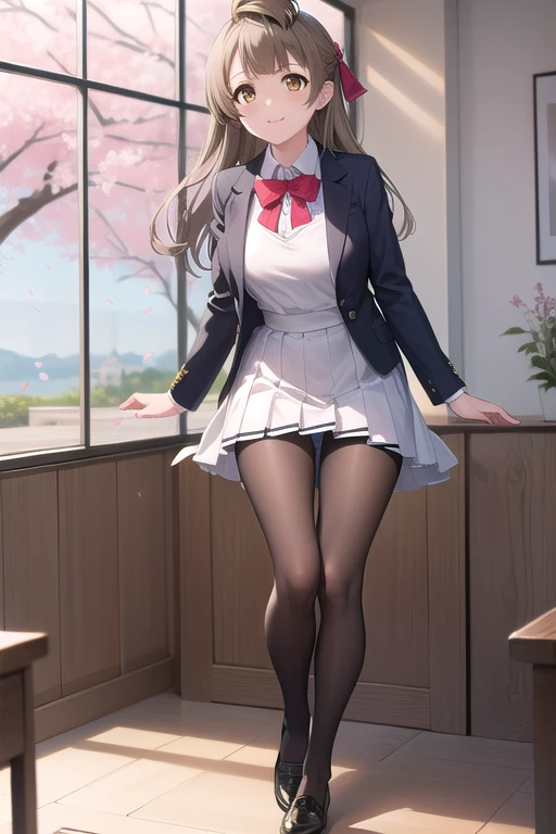 Bird Minami, Minami Kotori, Brown Hair, (Brown eyes:1.5), One side up, hair ribbon, ribbon, Long Hair,
break blazer, greenいスカート, Jacket, otonokizaka school uniform, Pleated skirt, school uniform, Winter clothes,
break looking at viewer,
break indoors, classroom, 
break (masterpiece:1.2), Highest quality, High resolution, unity 8k wallpaper, (figure:0.8), (美しい細部まinこだわった目:1.6), Highly detailed face, Perfect lighting, Highly detailed CG, (Perfect hands, Perfect Anatomy),(masterpiece, Highest quality:1.3), Angelina, One girl, 一人in, (full_body_shot:1.2), gone crazy_uniform, green_Jacket, white_No sleeve_dress, star_printing, Looking_in_Viewer, (frupont_View:1.3), woman_concentrated, 一人in_concentrated, (View_straight_upon:1.3), (blush:0.5), white_lupong_dress, (see-through lace dress:1.2), green_ribbupon, tie, black_shoes, big_chest, Pause, garden, lake, (Flowers, cherry blossoms, petal_floining, Day, dining, Happy:1.3), (fantasy:1.1),topless,standing split,red pantyhose,skirt lift,panties under pantyhose,black lace Panties,front face,from below,blush,large breasts,nipple slip, brown hair, glasses,high resolution,scenery,