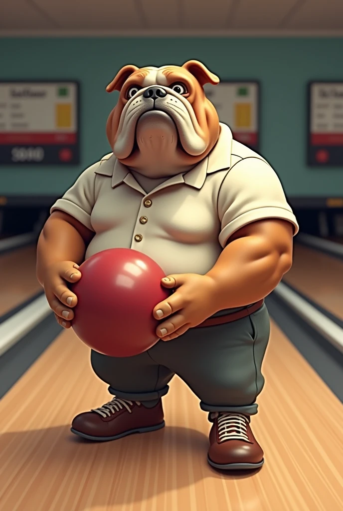 A bulldog wearing bowling clothes standing on two legs and throwing a bowling ball