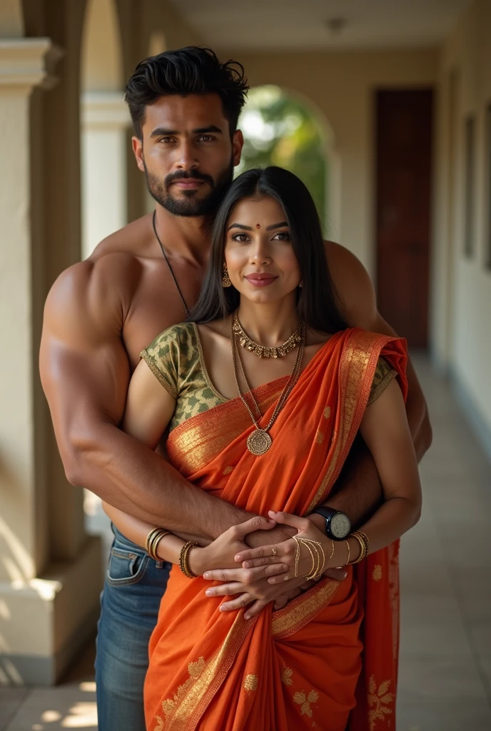 cute woman wearing saree carrying her muscular husband