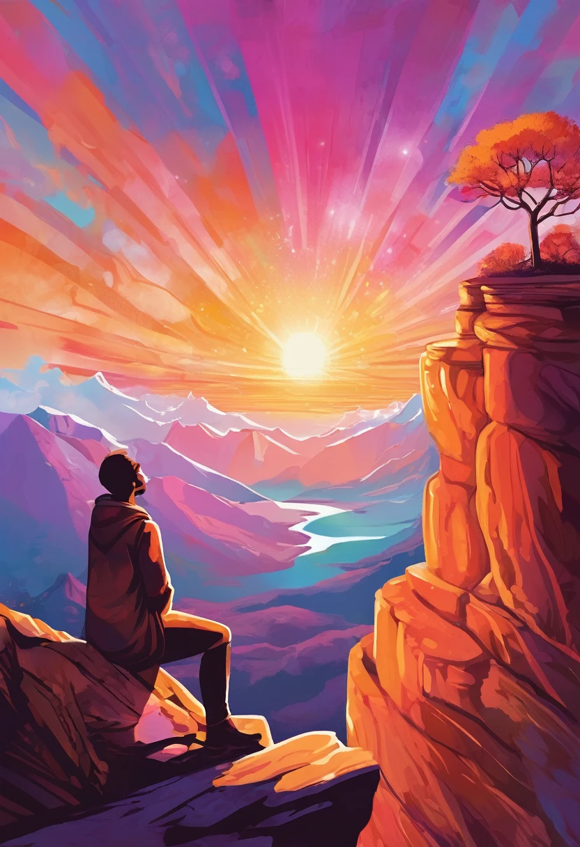 Prompt:
"Create an inspiring and vibrant illustration titled 'Visualize to Achieve Success.' The image should depict a person standing at the edge of a cliff, gazing out at a breathtaking sunrise over a vast landscape filled with mountains and valleys. The sky should be painted in warm hues of orange, pink, and gold, symbolizing hope and new beginnings. Surround the person with ethereal, glowing symbols of success such as trophies, books, and pathways leading to various achievements. The overall mood should evoke feelings of determination, ambition, and the power of visualization in achieving one's dreams." Feel free to adjust any elements to better fit your vision!