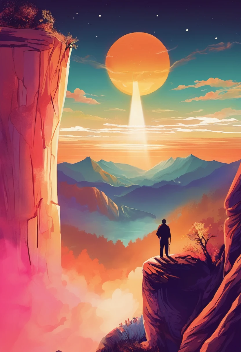Prompt:
"Create an inspiring and vibrant illustration titled 'Visualize to Achieve Success.' The image should depict a person standing at the edge of a cliff, gazing out at a breathtaking sunrise over a vast landscape filled with mountains and valleys. The sky should be painted in warm hues of orange, pink, and gold, symbolizing hope and new beginnings. Surround the person with ethereal, glowing symbols of success such as trophies, books, and pathways leading to various achievements. The overall mood should evoke feelings of determination, ambition, and the power of visualization in achieving one's dreams." Feel free to adjust any elements to better fit your vision!