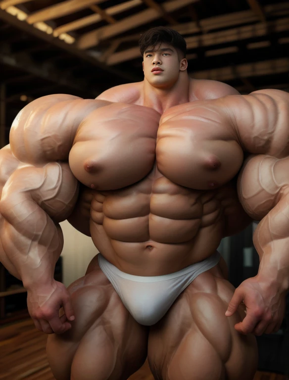 1boy, giant, asian, giant bodybuilder, illuminating light, strong body, bulk, large size, standing in whiet photo studio, indoor, nude, white triangular underwear, thick bulge, extraordinary big, brutalmass, giant muscular body, bulk, buff, massive body, large meaty body size, extremely wide body