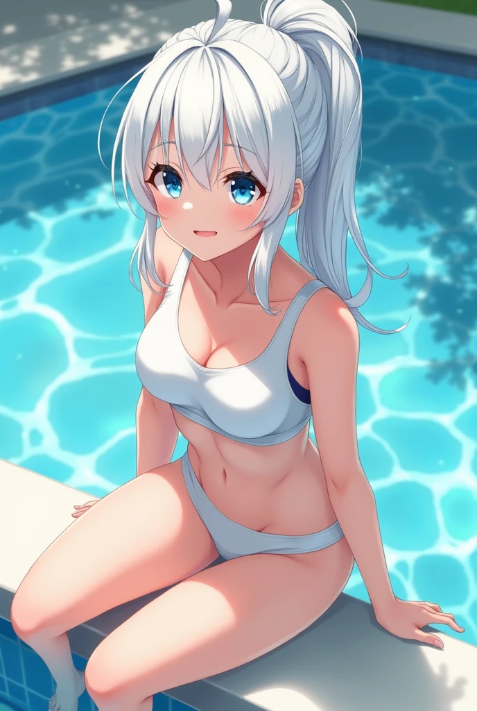 ((best quality)), ((masterpiece)), (detailed), 1 Girl, beautiful girl,18 years old,Smile, Flax hair,White hair, blue eyes, Ponytail, White Sports Bra, Sit by the pool and play in the water, Swimwear,beautiful girl,