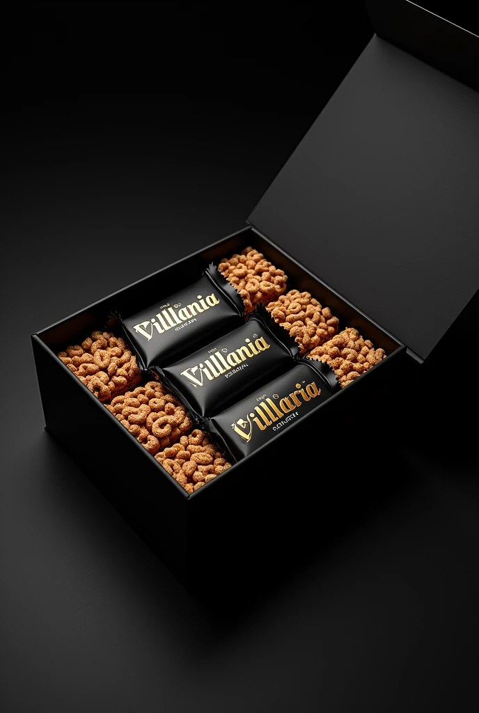 Create an open black box, inside it, place cereal bars with black and gold packaging, written Villania in the font (saloon). NA LOGO (2 V)