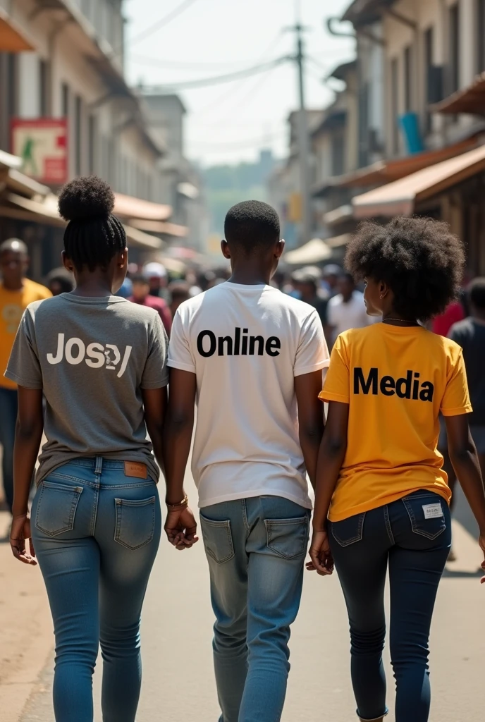 A photo of three African walking two ladies and a youthful man at the center of girls, first girl wearing a t-shirt written Jossy middle man wearing t-shirt written Online and the other girl written Media at the back