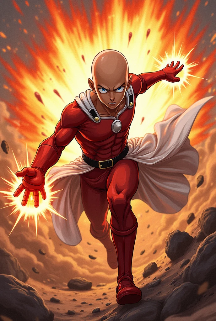 An epic scene from One Punch Man, featuring Saitama in mid-punch with dynamics, explosive background effects, rendered in a style inspired by Rossdraws and Stanley Artgerm Lau.