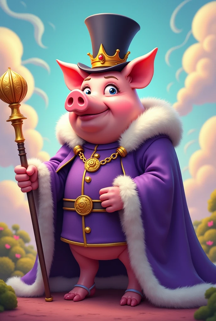 a pig in purple king clothes and black hat.cartoon style