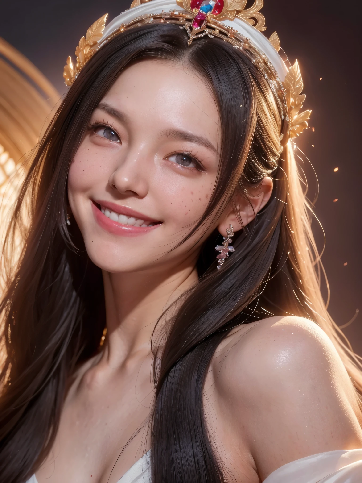 portrait of a beautiful 20 year old holy woman, wearing a thin multicolored silk dress, a beautiful face without blemish, without freckles and moles on her face, (((beautiful smile:1.4))), ((7 color long hair:1.2)), big crown, hair brooch, hanfu dress, chinese ancient style, full body jewelry, forehead tattoo: (very even and red lips, face full of details, face 1.8) the goddess' skin is smooth white, rosy, cinematic, light and dark, dramatic light, magical light, extremely detailed light, true color, super sharp, realistic, 8k quality, fantasy universe background, saint and magical space, the most detailed image,