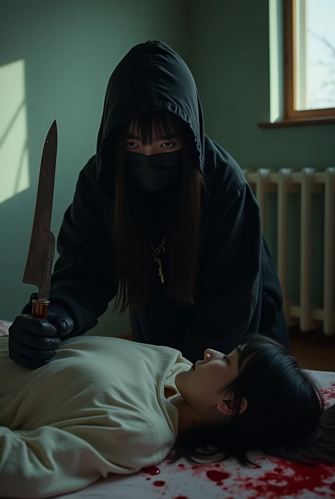 korean girl, (behind corpse, holding knife), black surgical mask, black gloves, room full of blood, black raincoat, hood up, holding knife, black gloves, woman on top, behind corpse, blood splatter, on the bed, mass murderer, killer, long bangs, blood splatter, dark atmosphere, cinematic lighting, atmospheric realistic, light from the window, close-up,