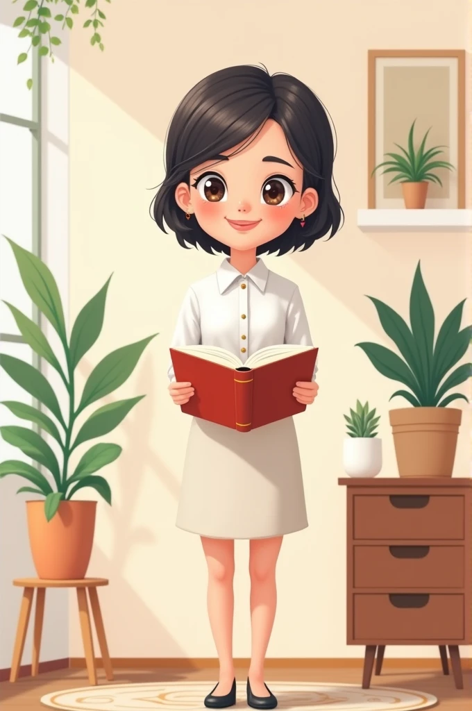 Girl secretary. Short black hair. Hold a book. Cute cartoon