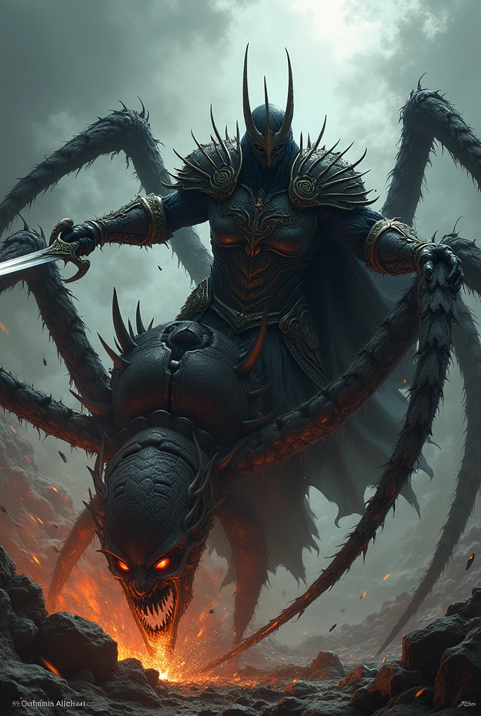 A dark king fighting with a half spider queen and being brutally killed but in his last breath he killed with his sword