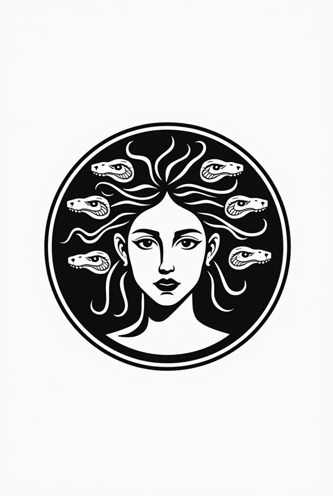 medusa, woman head logo. Vector illustration of female face inside a greece-type circle in black lines with black and white snake head