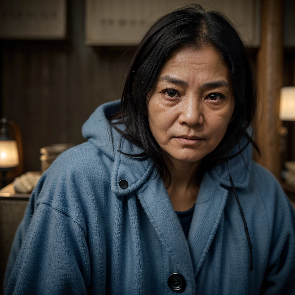 (Steve McCurry style), An old Japanese woman, wrinkled, sad and homeless ((wearing a blue wool coat)), (melancholy), 1woman, solo, straight black hair and hairstyle, very detailed face, beautiful eyes, [chubby], adorable, with bright eyes, sad eyes, bitter, (Rembrandt Lighting), zeiss lens, ultra realistic, (highly detailed skin: 1.2), 8k uhd, dslr, Dramatic Kidney light,  high quality, Fujifilm XT3,