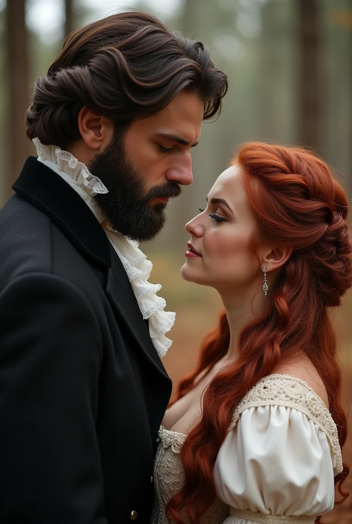 period romance 19th century period clothing featured: Big man, dark-haired man with beard and woman with loose dark red hair in the background a forest of neutral and warm colors