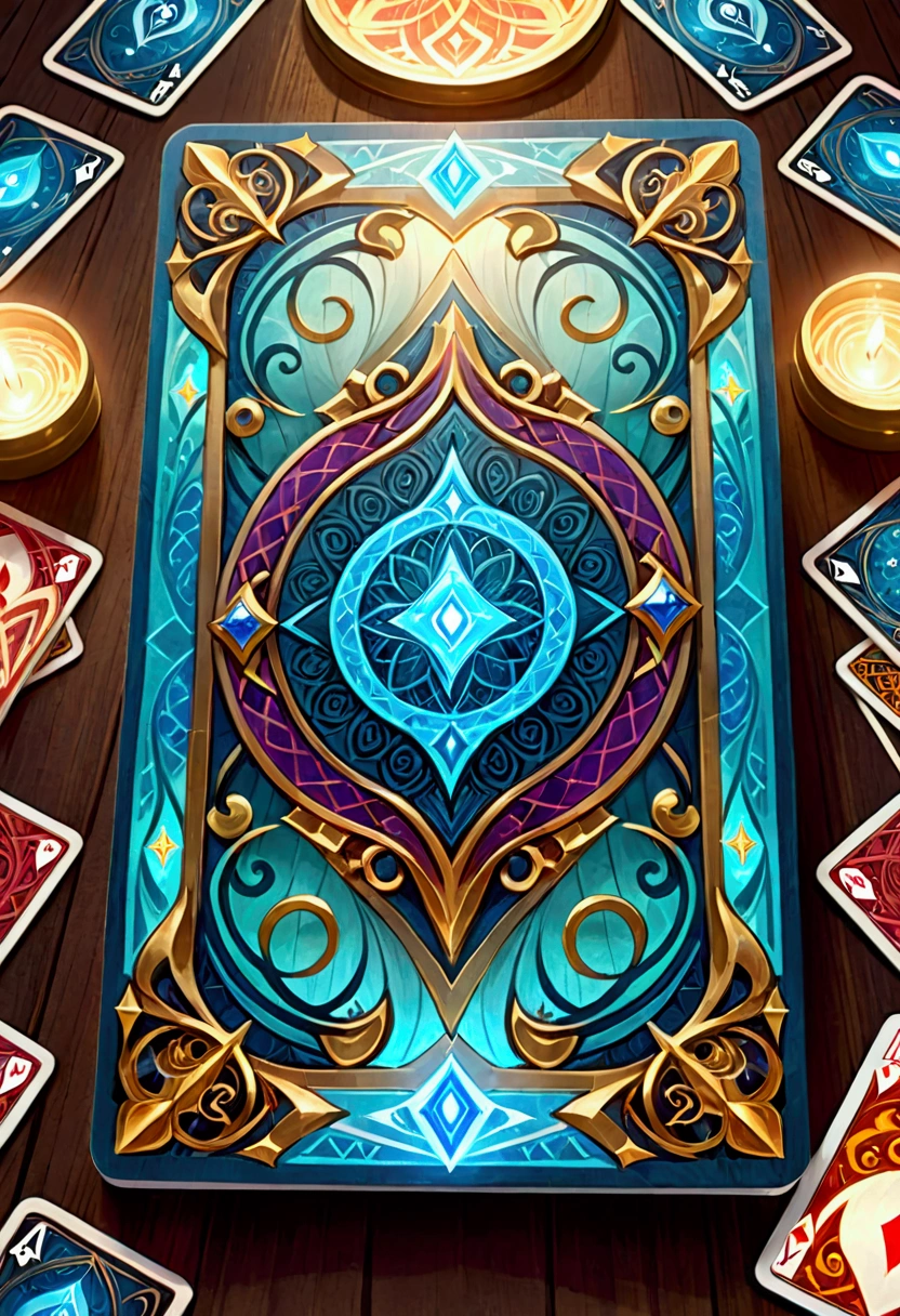 MTG, CCG, TCG, Card Game design, Dixit Card Generator page, a detailed fantasy card game, One playing card, playing card with intricate patterns and designs, detailed magical runes and symbols on card, fantasy kingdom, colorful glowing, dramatic lighting, intricate details, 8k, high quality, masterpiece, best quality, very aesthetic, absurdres