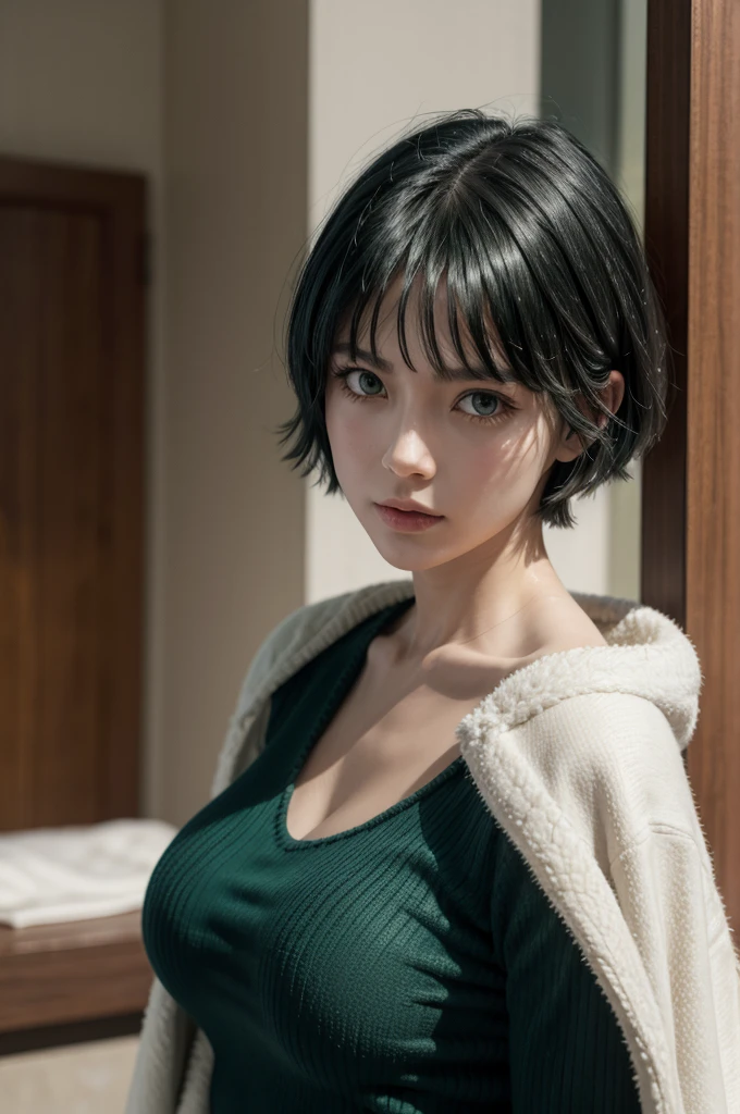 Fubuki from opm, realistic, age 28, pure white skin, green eyes, dark green bob hair, white fur neck collor, green coat, perfect face, perfect shape body, extra large stif breasts, clothes covered upper body, 3d, front side pose