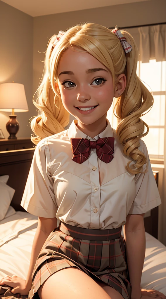 (masterpiece, best quality),1girl smiling with Blonde curly hair twin tails sitting in a bed of her bedroom in front of her bedroom, warm lighting, blurry foreground, plaid short skirt, a white blouse with a loose bow tie, 18 yo, small breasts,