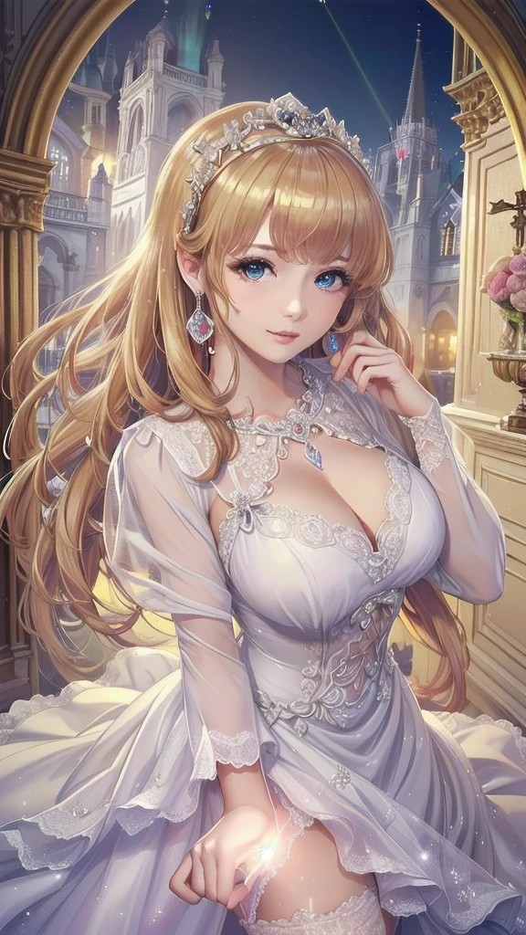 (((Dress Transparent Dress))), (((The dress features a voluminous hoop skirt and a long hem.、A gorgeous, incomparably gorgeous Rococo Victorian gown, Princess style skirt))), (Gown shines brilliantly, reflecting light like a prism.:1.2), (Gown A very elaborate gown:1.5), ((Huge breasts)), (Expressive hair), Very voluminous、Very long hair, bangs, Super delicate and beautiful face, Beautiful Lips, (Hyper Detail: Delicate and beautiful eyes), Cleavage, Beautiful smile, (((Young Face, Solo Enchanting Adorable Princess, age Girl, pretty girl, very pretty girl))), (Anime Moe Art Style 1.3), (((masterpiece, Super detailed, Highest quality, Ultra-high resolution, Great quality, Exceptional Quality, Super detailed, Ultra-high resolution, Unity 16K, 32K, ultra photo Realistic))), (Face Focus, Eye focus, Realistic, Blurred Background, Lens flare, shine, Light caustic effect:1.5), (Background of the church at night:1.3), 