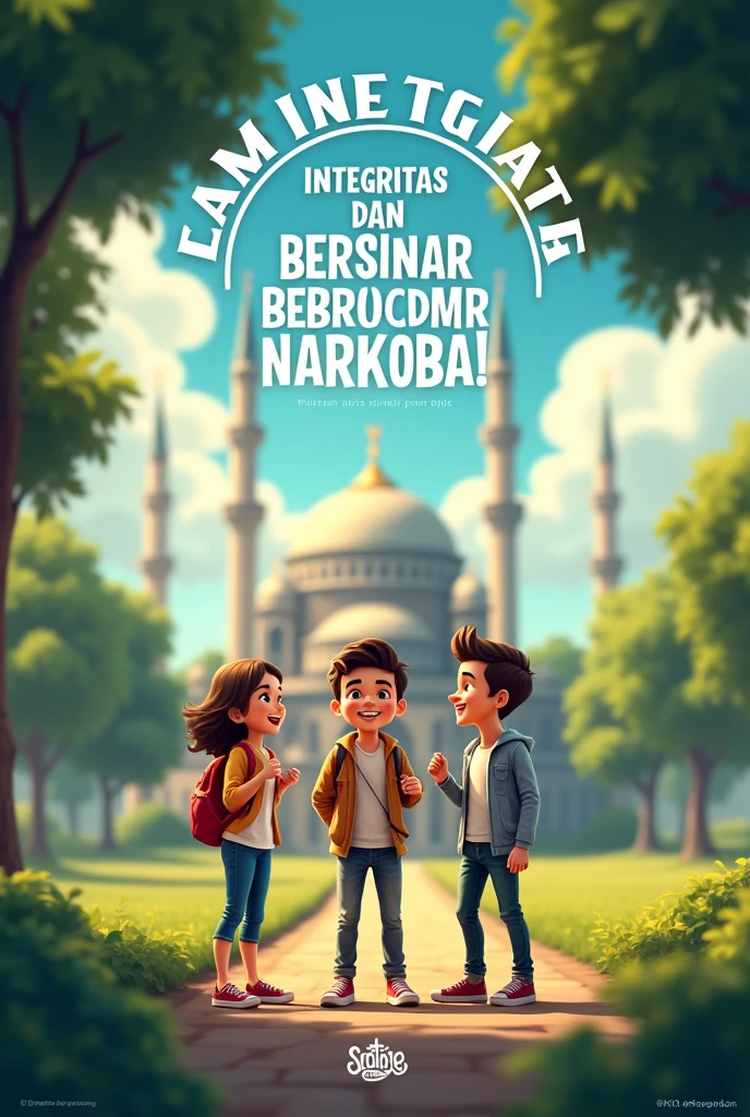 "created a movie-poster-style socialization poster for 'Zona Integritas dan Bersinar (Bebas dari Narkoba)' in the BKD Sidoarjo environment, inspired by Cartoon anitmated movie. The poster features three agers, both boys and girls, laughing and chatting in a park. The background is a blurred image of a grand mosque, adding a majestic atmosphere. The top of the poster has a half-circle text with a unique and eye-catching font that reads 'Zona Integritas dan Bersinar (Bebas dari Narkoba).' At the bottom of the poster, it says 'BKD Sidoarjo.' The overall design should feel dynamic and engaging, resembling a cartoon movie promotion."