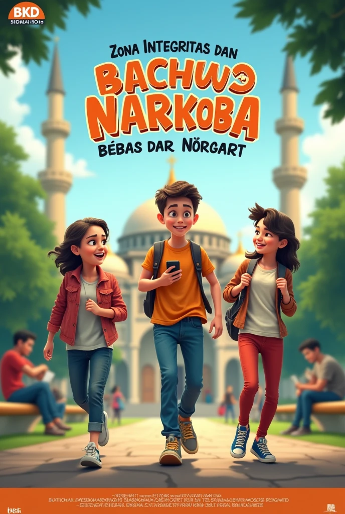 "created a movie-poster-style socialization poster for 'Zona Integritas dan Bersinar (Bebas dari Narkoba)' in the BKD Sidoarjo environment, inspired by Cartoon anitmated movie. The poster features three agers, both boys and girls, laughing and chatting in a park. The background is a blurred image of a grand mosque, adding a majestic atmosphere. The top of the poster has a half-circle text with a unique and eye-catching font that reads 'Zona Integritas dan Bersinar (Bebas dari Narkoba).' At the bottom of the poster, it says 'BKD Sidoarjo.' The overall design should feel dynamic and engaging, resembling a cartoon movie promotion."