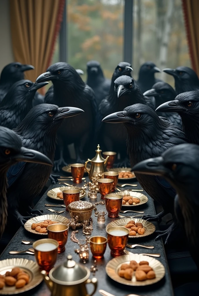 A large gathering of crows and ravens dressed like people at A really wild and crazy masquerade tea party adorned with copious amounts of shining jewlery and lots of trinkets piled on the table, Gothic, laughter, party, raven, feathers, black,  revelry, dancing, large gathering, anthropomorphic