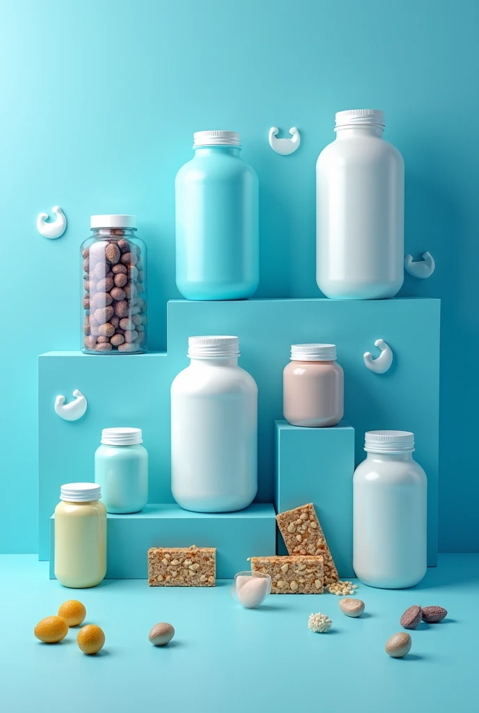 Create a store banner for my store create about Proteins category:colors: cerulean (trust, Security) and white (purity, simplicity).elements: Supplement Bottle Images, muscle icons, Protein Bars.