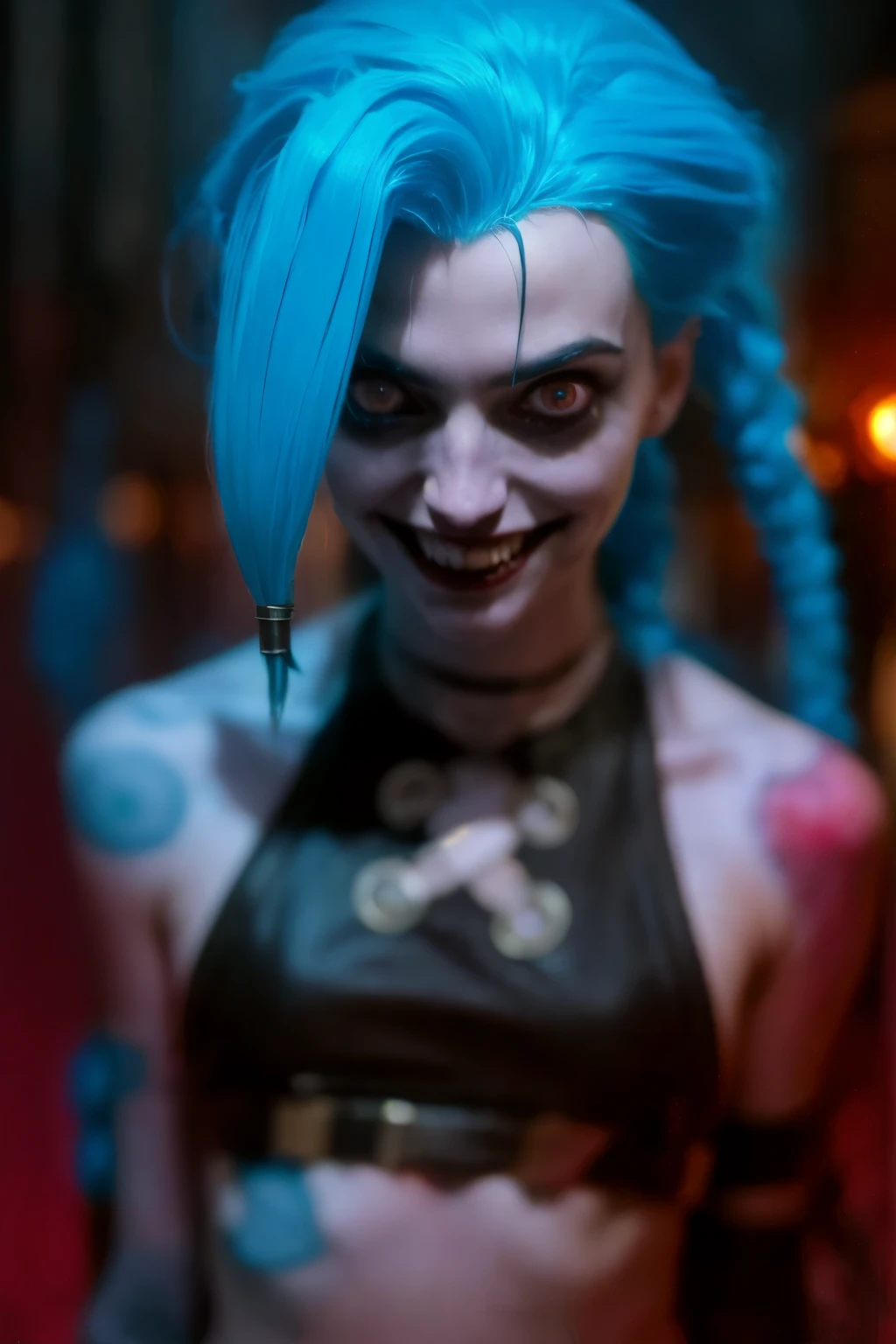 A hyper-realistic cinematic portrait of a young woman inspired by Jinx from the series Arcane. She has wild, electric blue hair styled in twin braids with pink highlights, and her expression is a mix of madness and cunning, (((psycho face, creppy smiling))). Her eyes are intense, reflecting both vulnerability and chaotic energy. (((The background is a dimly lit industrial environment with flickering lights and sparks, adding to the tense and dramatic atmosphere))). The image should capture the character's complex and unhinged personality in a highly detailed and realistic style.