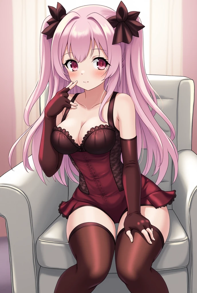 Shy girl, anime, thigh high boots, garter, long gloves