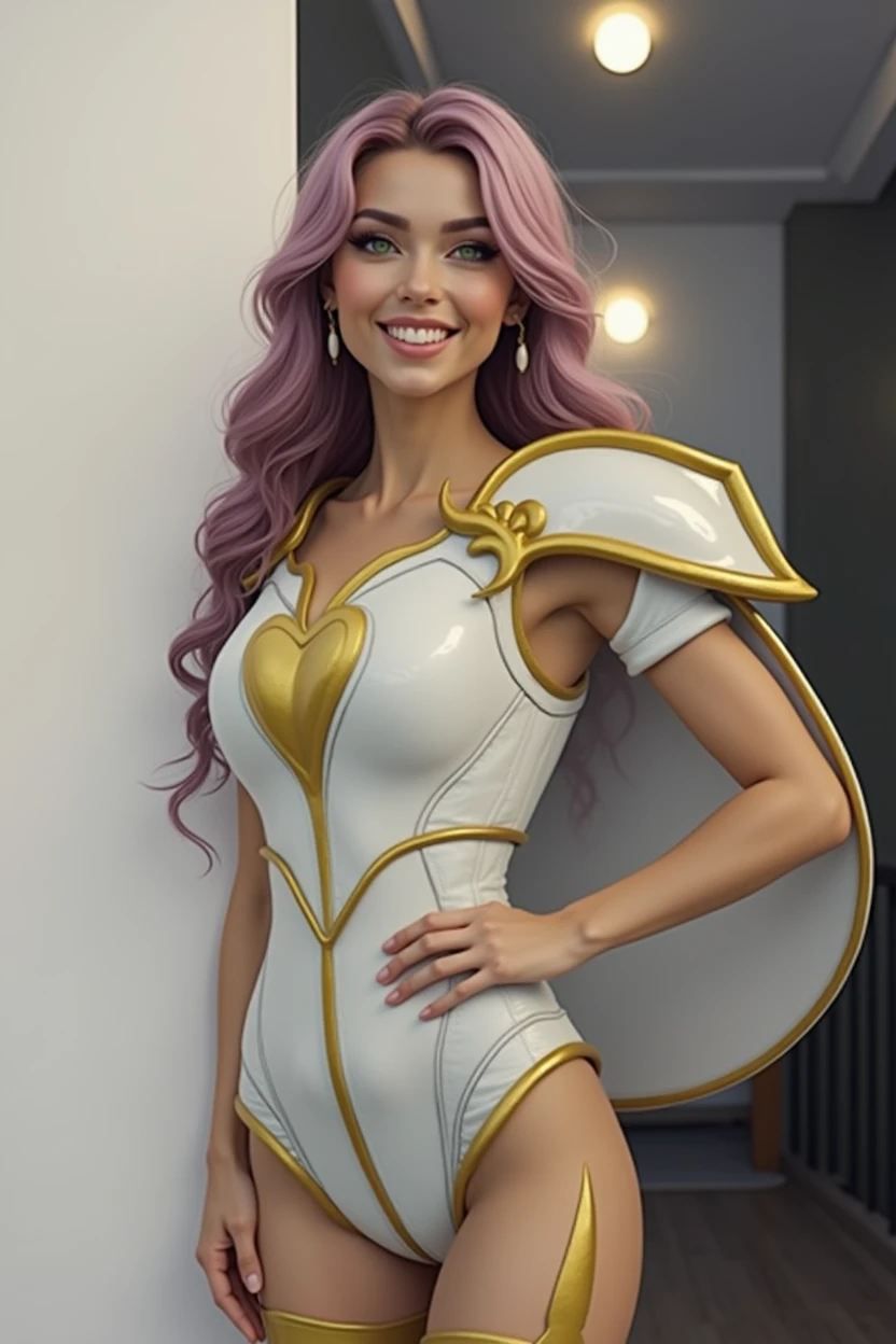 Draw transgender woman with white armor, pink hair, heart-shaped neckline, breasts big, Waist slender, long hair, beautiful face, bushy eyebrows, greeneyes, belly showing, white space armor, thigh of left leg showing, coxa da perna direita escondida pelto shield, range, Grinning, beautiful smile, White gold bringing sword in hand, a unique lock of purple hair. Detalhar o beautiful face de princesa, A espada, to shield, thick eyebrow, a Waist slender a mostra.