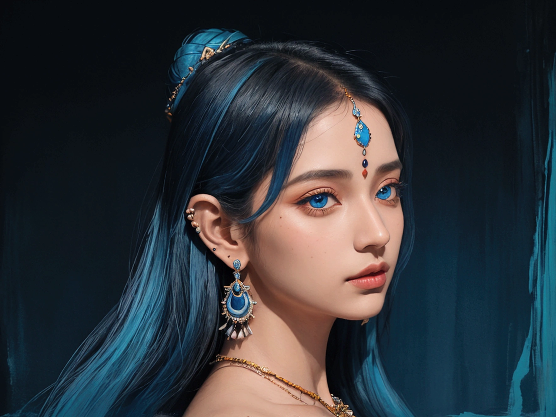 A mesmerizing watercolor painting that beautifully captures a fashionable artistic representation of Lord Krishna, intricately entwined with vibrant. earrings in the ears in the shape of sharks.The dark blue figure of Krishna is adorned with warm shades of orange and cool blue hues, cascading from his hair and gracefully resting on his face. His intense gaze, with striking blue eyes and well-defined facial features, adds to the overall mystical ambiance. The black key background, with its depth and texture, complements this fashionable, vibrant artwork, creating a harmonious blend of culture and modernity. Low key light, fashion, painting, vibrant., fashion, painting, vibrant.ultra sharp skin detail