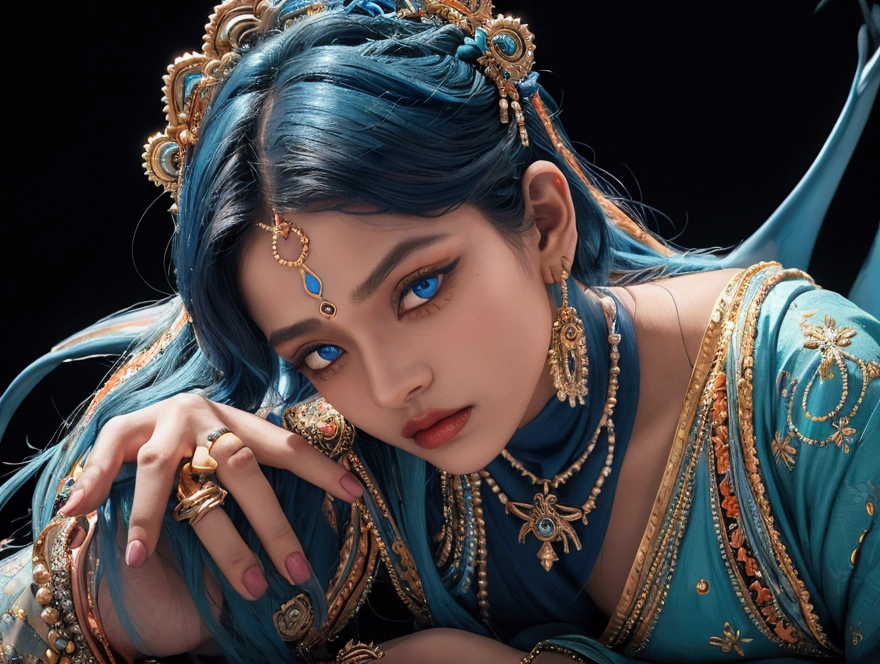 A mesmerizing watercolor painting that beautifully captures a fashionable artistic representation of Lord Krishna, intricately entwined with vibrant. earrings in the ears in the shape of sharks.The dark blue figure of Krishna is adorned with warm shades of orange and cool blue hues, cascading from his hair and gracefully resting on his face. His intense gaze, with striking blue eyes and well-defined facial features, adds to the overall mystical ambiance. The black key background, with its depth and texture, complements this fashionable, vibrant artwork, creating a harmonious blend of culture and modernity. Low key light, fashion, painting, vibrant., fashion, painting, vibrant.ultra sharp skin detail
