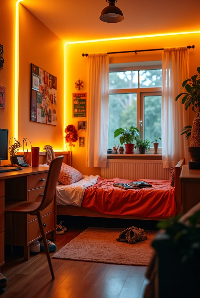 ager's day room with yellow LED strip and messy bed