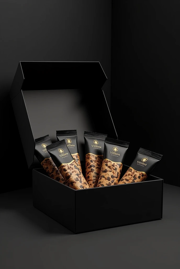 Create an open black box, inside it, place cereal bars with black and gold packaging, written Villania in the font (saloon). NA LOGO (3V)