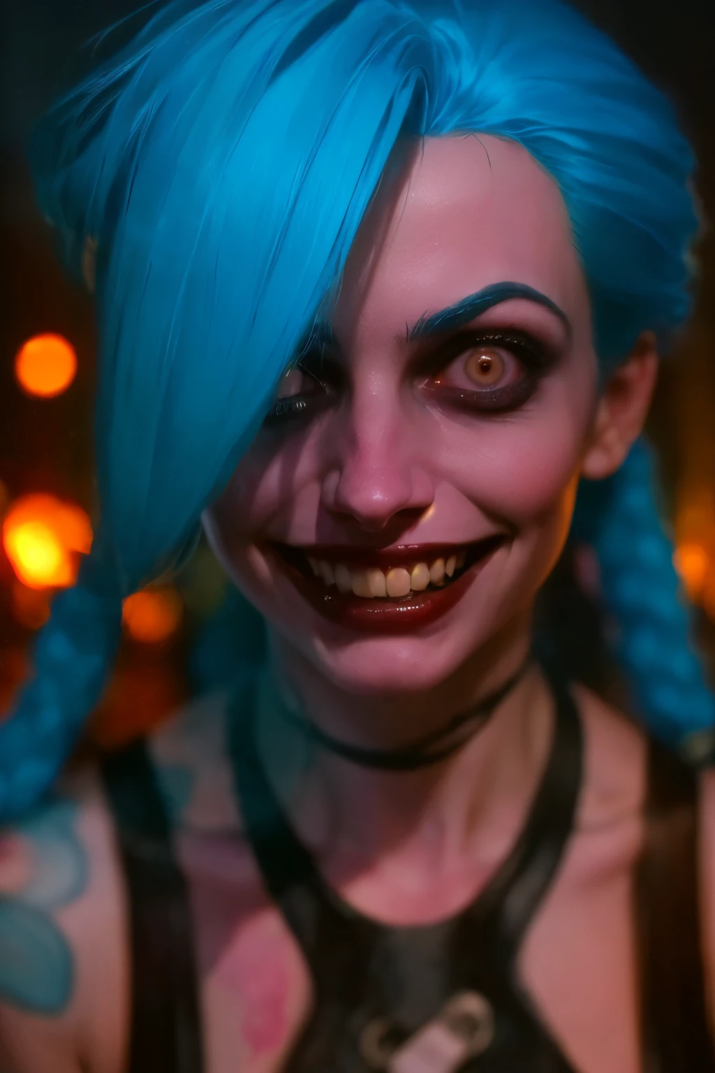 A hyper-realistic cinematic portrait of a young woman inspired by Jinx from the series Arcane. She has wild, electric blue hair styled in twin braids with pink highlights, and her expression is a mix of madness and cunning, (((psycho face, creppy smiling))). Her eyes are intense, reflecting both vulnerability and chaotic energy. (((The background is a dimly lit industrial environment with flickering lights and sparks, adding to the tense and dramatic atmosphere))). The image should capture the character's complex and unhinged personality in a highly detailed and realistic style.