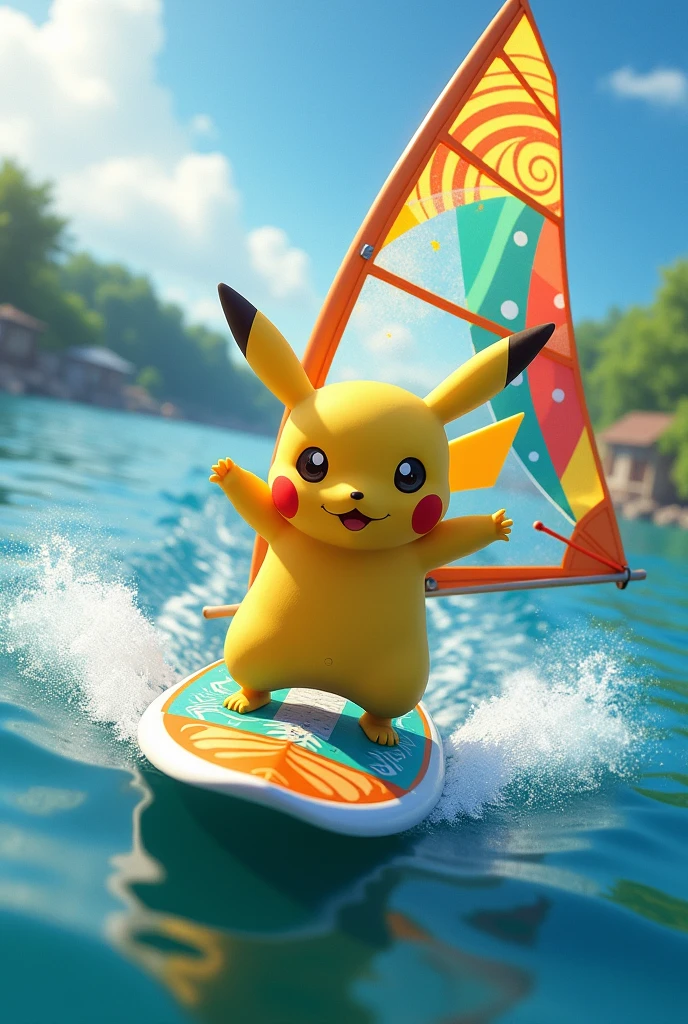Pikachu doing the water sport windsurfing with the sail and the board