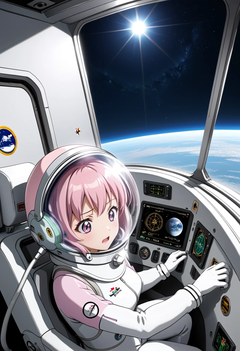 eva helm, spacesuit , astronaut), from above, pink hair, bubble helmet, space helmet, (1girl:1.1) wearing a (spacesuit:1.15), white cargo pants, (ugh, wtf do these buttons do:1.3), inside the cockpit of a (futuristic spaceship:1.1), sitting in the captains chair, (intricate control panels:1.3), (gleaming metal:1.1), surrounded by many buttons and dials and gauges, (confused:1.3), (worried expression:1.1), (nervous:1.1), concerned, beautiful 8k wallpaper, highly advanced, (sleek design:1.3), intricate, highres, superb, 8k wallpaper, extremely detailed, intricate, short hair, from side