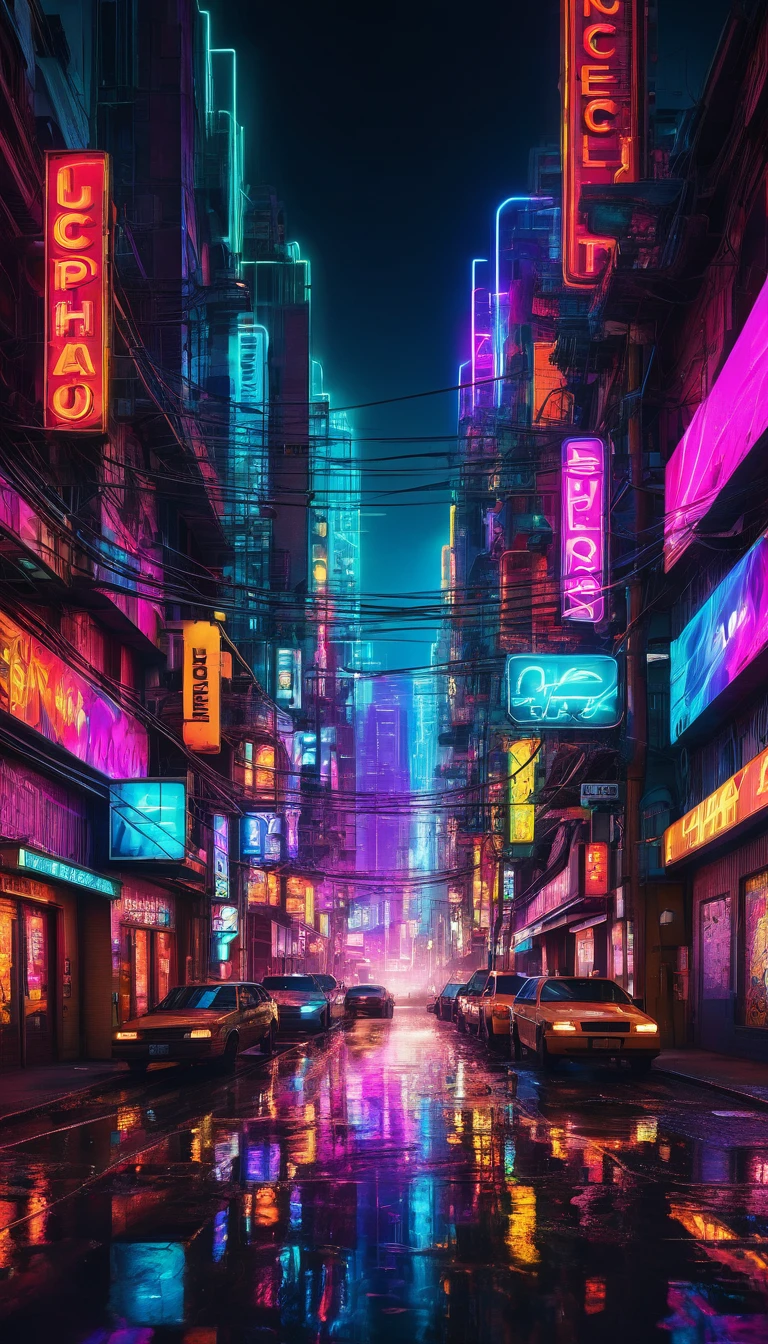 "Design an ultra-dynamic and surreal visual that embodies the theme of being overwhelmed by neon city lights. The image should include:
Cityscape Background: A neon-lit urban environment that appears to be in a state of constant motion and transformation. Use surreal, distorted shapes and vivid colors to create a sense of chaos.
Lighting: Employ high-energy, multi-colored neon lighting with intense contrasts and dynamic effects. Add glowing trails, light bursts, and abstract light patterns to enhance the scene’s vibrant chaos.
Detailed Textures: Focus on intricate textures that blend neon elements with surreal urban details. Use exaggerated, hyper-realistic textures with a touch of abstract distortion.
Additional Features: Include elements that enhance the feeling of being lost, such as fragmented reflections, distorted signage, and abstract visual effects. Use dynamic, surreal elements to convey the disorienting nature of the neon lights."