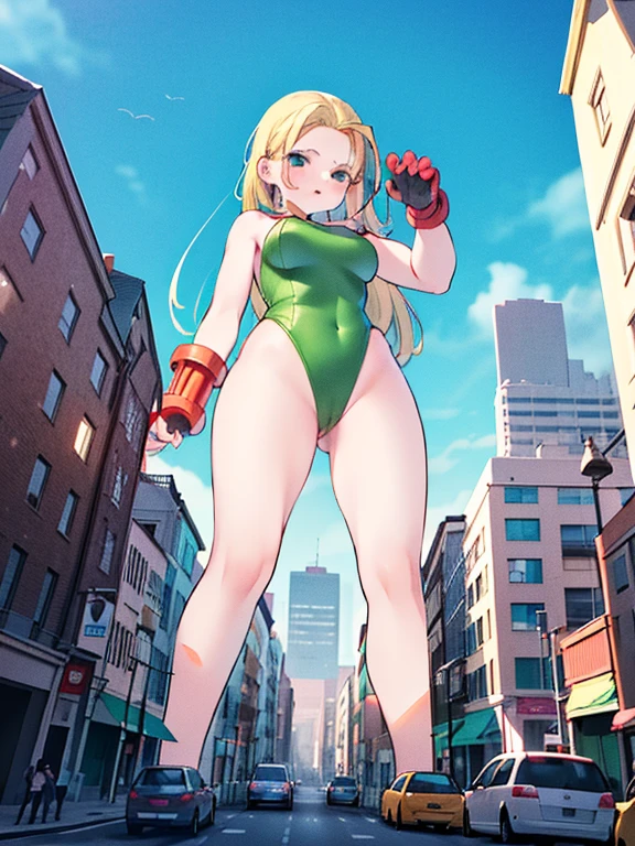 1 girl,Blushing,surprised, crouching, ((((female giant))),Giantess art, Giantess, The girl is 50 meters tall,((Full body shot)), ((Cammy from street fighter)), ((Green leotard)), ((Tight clothrs)), ((cameltoe)), 1 anime girl, ((blonde hair)), standing in the middle of a modern miniature city, towering over buildings,(((Leaning forward))), ((looking to viewer)), ((front footage)), ((large breasts)), ((perfect legs)), ((thick thighs)), bending over modern miniature city,in the middle of a tiny miniature city, a girl taller than buildings, leaning over buildings, ((tiny people under her))