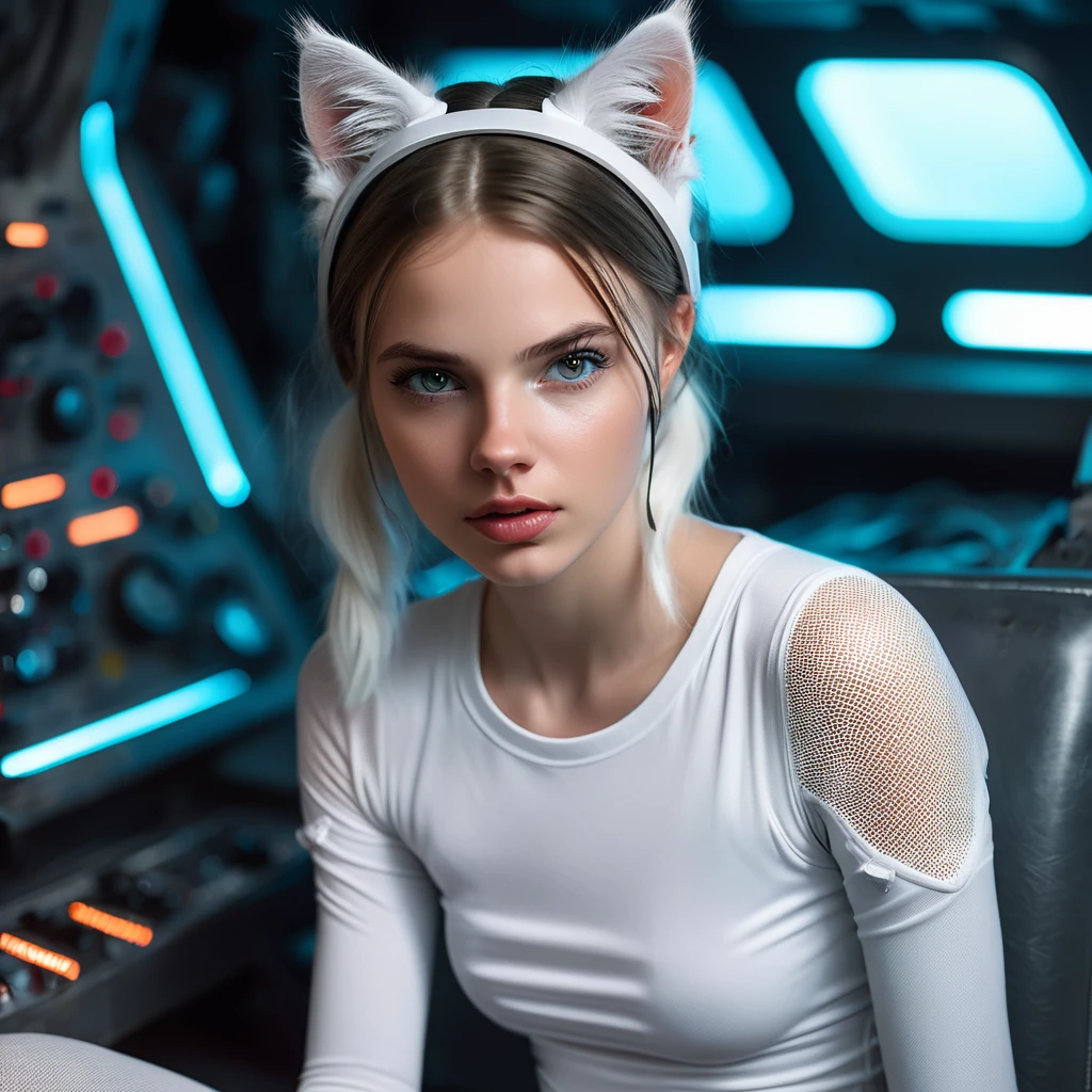 White girl, sitting on a bed, in a cyberpunk steel bunker with hatches etc., in the background. she is wearing white cats ears. She has twintail hairstyle. girl, slim , small girl, tiful breasts. Masterpiece, 8k, 4k, high resolution, dslr, ultra quality, sharp focus, tack sharp, dof, film grain, Fujifilm XT3, crystal clear, 8K UHD, beautiful eyes with very large Dilated pupils, high detailed skin, skin pores, seductive, look, bewitching lady with beautiful long hair, full lips, long legs, lovely face wearing torn vaultsuit clothes. , realistic colors, realistic, photorealistic