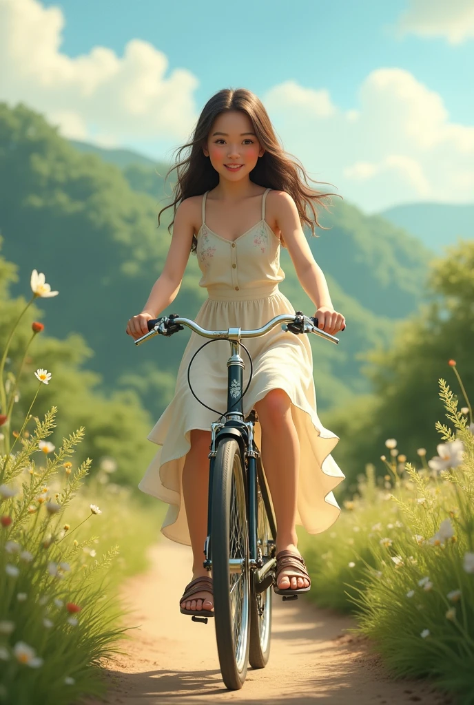 Create image of natural pure innocent and beautiful girl who ride bike and she is 18 year old