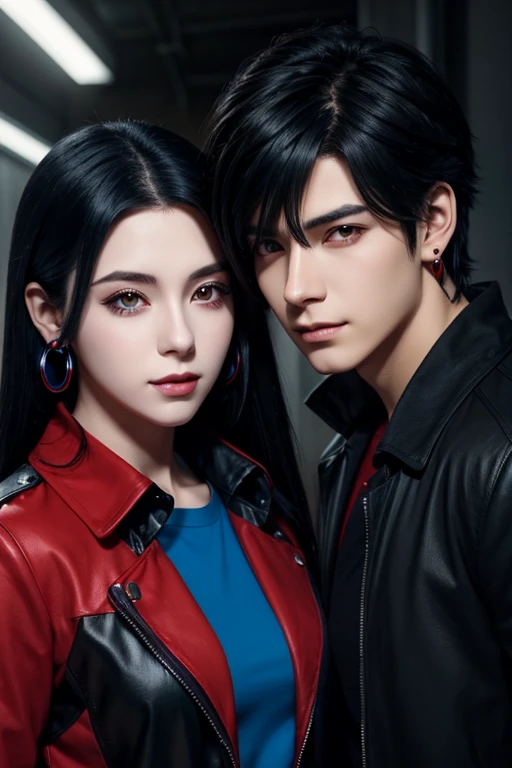 Male anime character, Red eyes, black hair, long BLUE hourglass tip earrings, BLUE, clothes in red and black tones, Male  