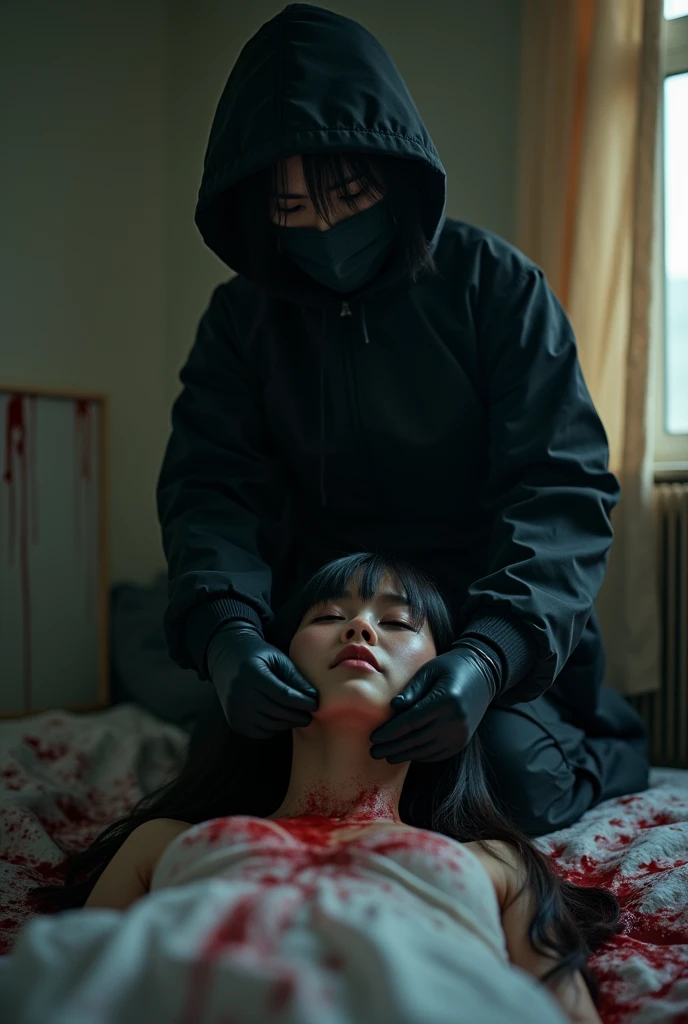 korean girl, (behind corpse, holding knife), black surgical mask, black gloves, room full of blood, black raincoat, hood up, holding knife, black gloves, woman on top, behind corpse, blood splatter, on the bed, mass murderer, killer, long bangs, blood splatter, dark atmosphere, cinematic lighting, atmospheric realistic, light from the window, close-up,
