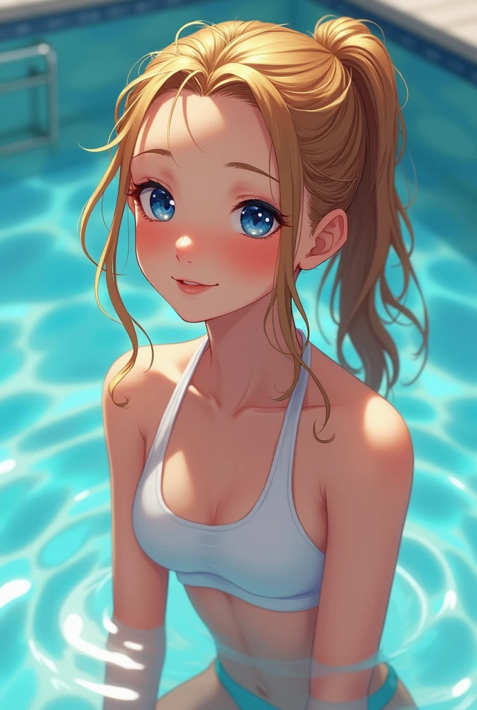((best quality)), ((masterpiece)), (detailed), 1 Girl, beautiful girl,12 years old,Smile, Flax hair, blue eyes, Ponytail, White Sports Bra, Sit by the pool and play in the water, Swimwear,beautiful girl, no t-shirt